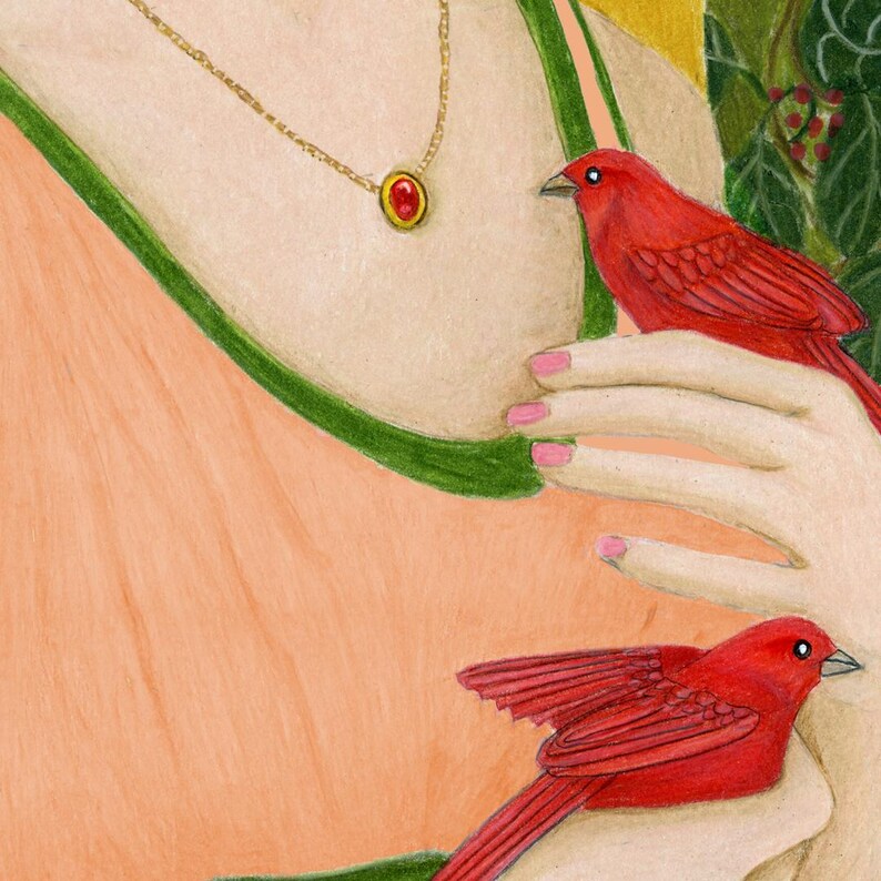 May include: Illustration of a person wearing a peach-colored dress with green trim, holding two bright red birds. A gold necklace with a red gem is visible. The background includes green foliage.