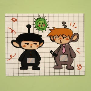 May include: A black and white illustration of two cartoon characters on a grid background. The character on the left is wearing a black suit and has a black antenna on their head. The character on the right is wearing a grey suit with a pink tie and has a brown antenna on their head. There is a green cartoon virus with a face in the top centre of the image.