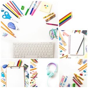 May include: A collage of images featuring school supplies, including colorful pencils, markers, crayons, a keyboard, a notebook, a clipboard, headphones, and a variety of other items.