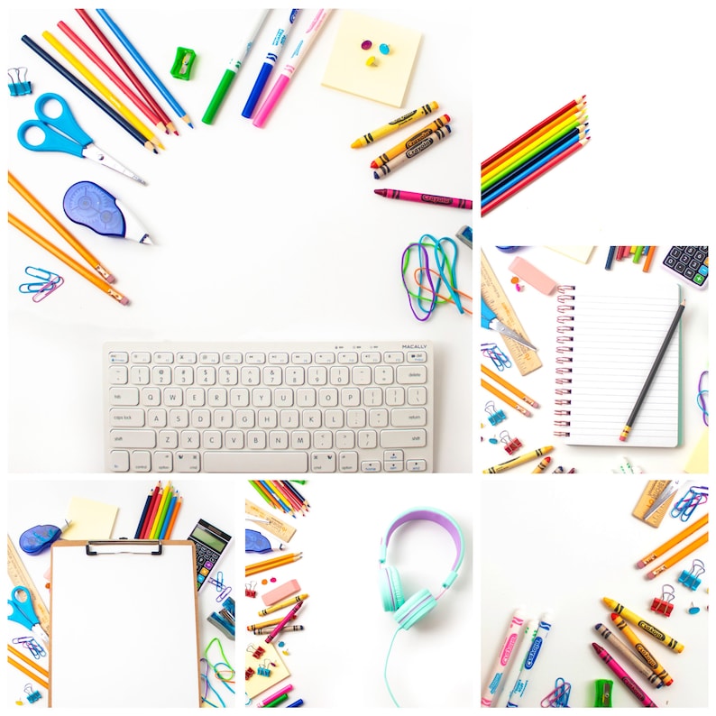 May include: A collage of images featuring school supplies, including colorful pencils, markers, crayons, a keyboard, a notebook, a clipboard, headphones, and a variety of other items.