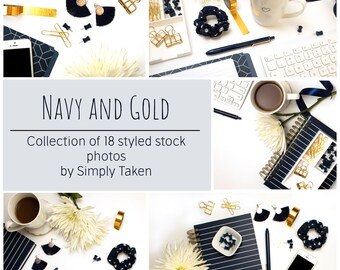 Navy and Gold Stock Photos, 18 Blue Flat Lay Images, Pinterest Templates, Branding Photos, Instagram Content, Social Media Content, Mockup