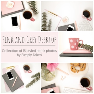 Desktop Stock Photos, Styled Stock Photo Bundle, 15 Pink and Grey Stock Photos of Styled Desktop for Blog Photos, Instagram Content, Mockups
