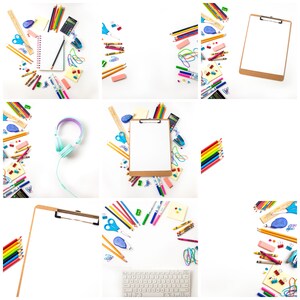 May include: A flat lay of school supplies, including pencils, crayons, markers, a clipboard, a notebook, a calculator, a ruler, a pair of headphones, and a keyboard. The supplies are arranged in a colorful and organized manner on a white background.