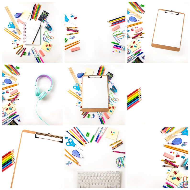 May include: A flat lay of school supplies, including pencils, crayons, markers, a clipboard, a notebook, a calculator, a ruler, a pair of headphones, and a keyboard. The supplies are arranged in a colorful and organized manner on a white background.