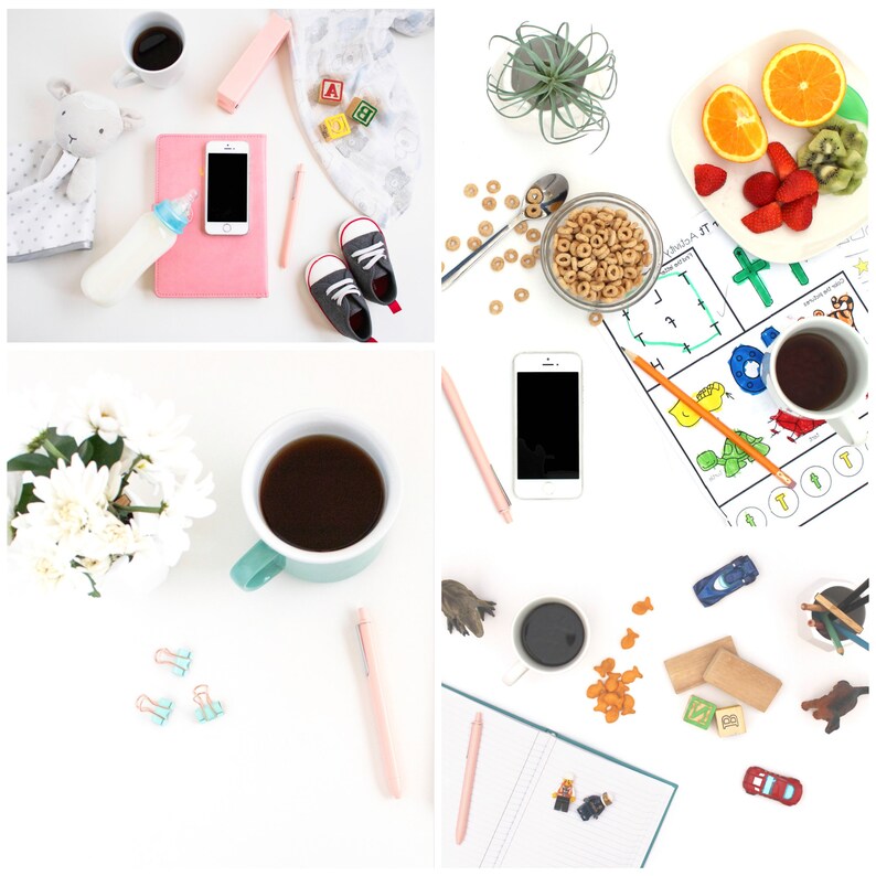 May include: A flat lay image of a white surface with various items, including a cup of coffee, a phone, a notebook, a plate of fruit, a bowl of cereal, a baby bottle, a toy car, and a few other items.