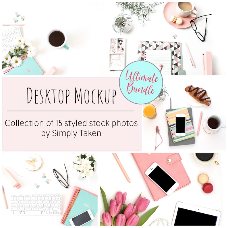 May include: A collection of 15 styled stock photos for desktop mockups. The photos feature a variety of office supplies, including notebooks, pens, coffee cups, plants, and flowers. The photos are perfect for showcasing products or branding.