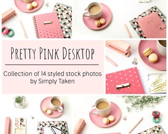 Pink Desktop, Styled Stock Photo Bundle, 14 Stock Photos, Feminine Styled Desktop, Pinterest Template, Social Media Posts, Pink Flat Lay