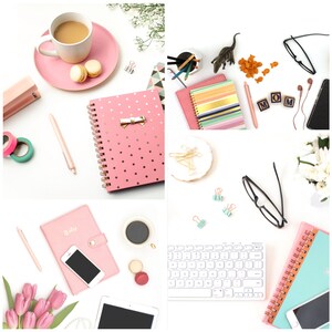 May include: A flat lay image of a white desk with pink and blue office supplies, including notebooks, pens, a keyboard, a cup of coffee, and a smartphone. The image also includes a bouquet of pink tulips, a pair of glasses, and a small plate of macarons.