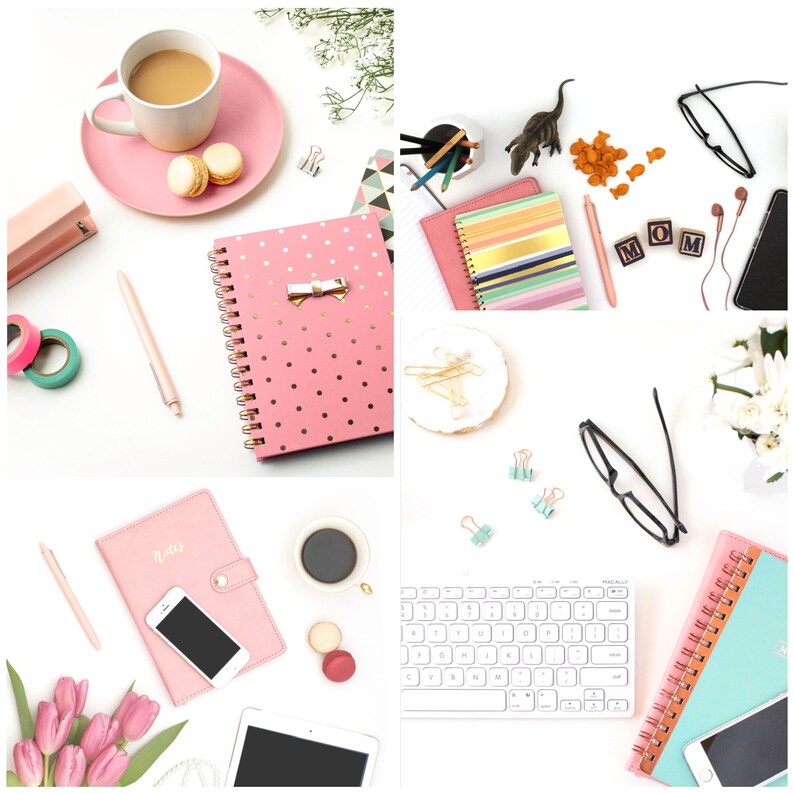 May include: A flat lay image of a white desk with pink and blue office supplies, including notebooks, pens, a keyboard, a cup of coffee, and a smartphone. The image also includes a bouquet of pink tulips, a pair of glasses, and a small plate of macarons.
