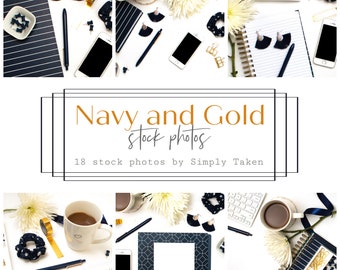 Navy and Gold Stock Photos, 18 Blue Photos for Instagram, Navy Branding Photos, Instagram Content, Social Media Post, Feminine Mockup Bundle