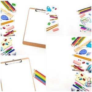 May include: A white background with two clipboards and school supplies scattered around the edges. The supplies include colored pencils, crayons, markers, scissors, erasers, and paper clips.