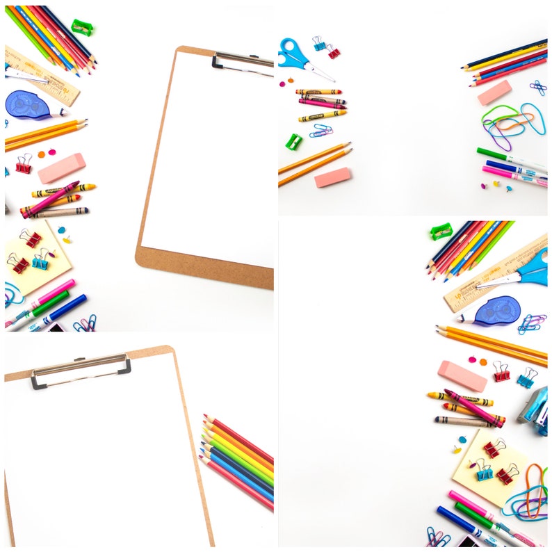 May include: A white background with two clipboards and school supplies scattered around the edges. The supplies include colored pencils, crayons, markers, scissors, erasers, and paper clips.
