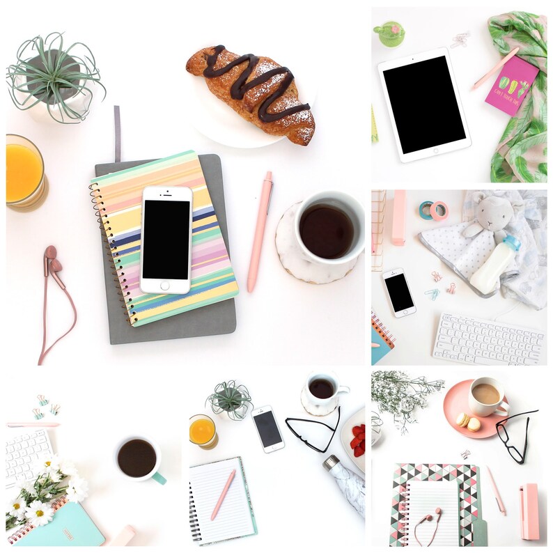 May include: A flat lay image of a white surface with various office supplies, including notebooks, pens, phones, coffee cups, and a croissant.