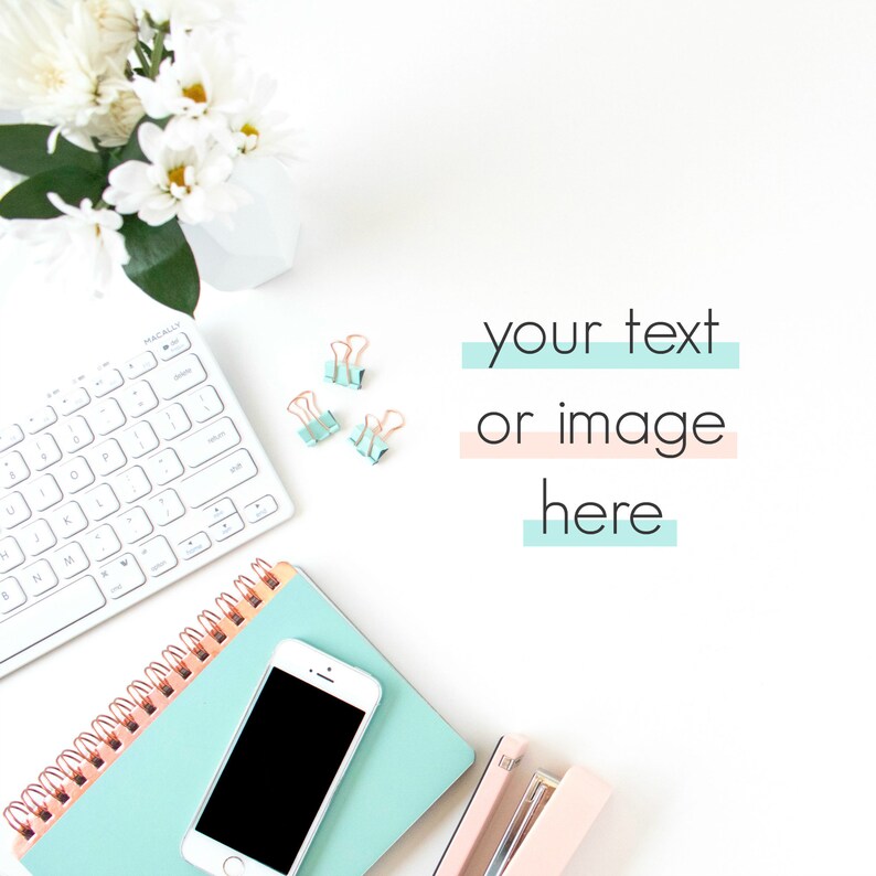 May include: A white keyboard, a blue notebook with a gold spiral, a white smartphone, a pink stapler, and gold paper clips on a white surface. The text "your text or image here" is written in black on a white background with blue and pink lines.