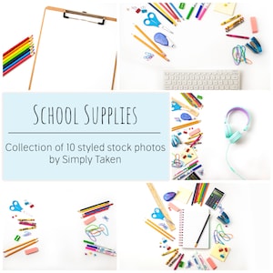 May include: A collection of 10 styled stock photos featuring various school supplies, including pencils, crayons, scissors, rulers, a calculator, a notebook, headphones, and a keyboard. The photos are arranged in a collage format with a blue background and the text "SCHOOL SUPPLIES Collection of 10 styled stock photos by Simply Taken".