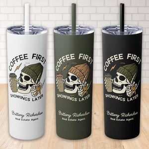 Personalized Coffee Skull Realtor Tumbler, Custom Real Estate Tumbler, Gothic Real Estate Agent Gift, Realtor Essential Drinkware for Her