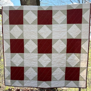 Handmade Sawtooth Star Quilt – Strawberry Harvest – Heirloom Patchwork Throw – 54x72 – Red Farmhouse Bedding