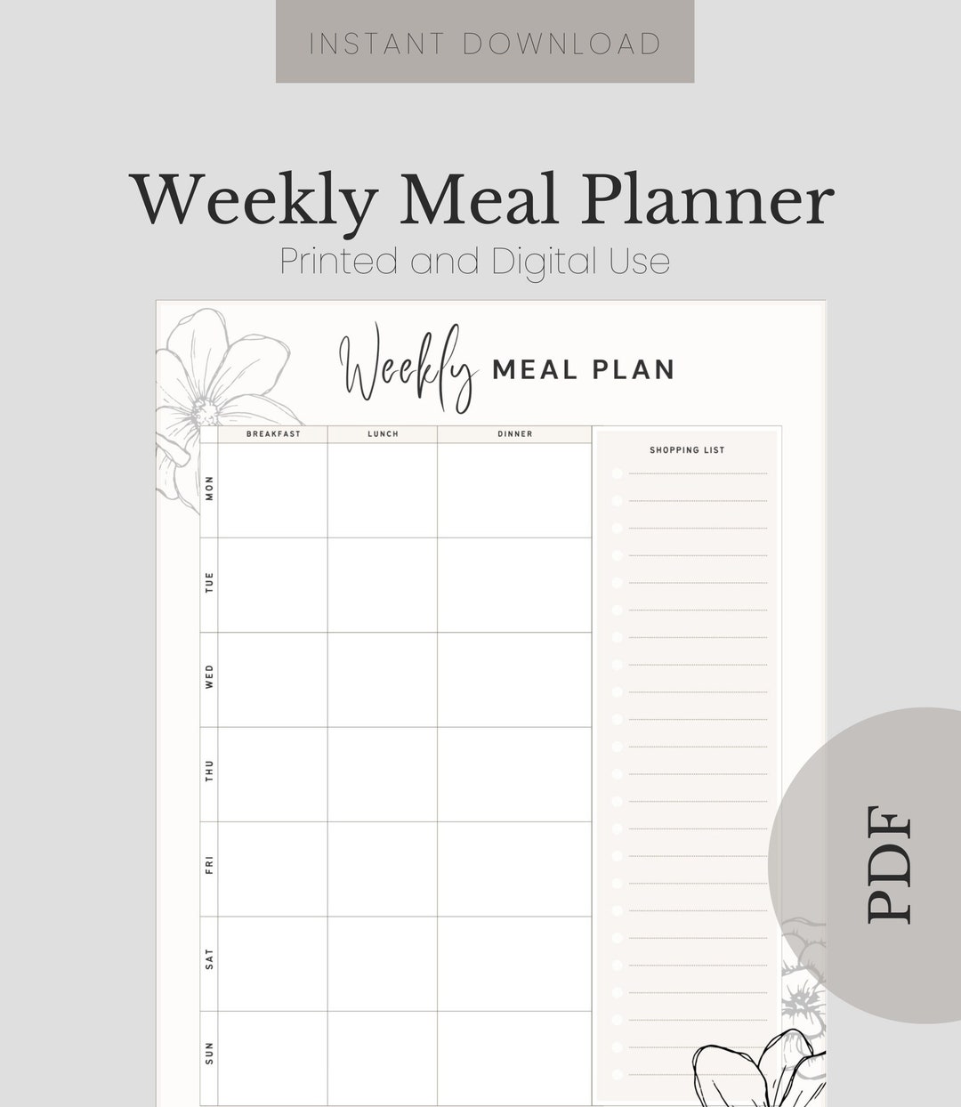Weekly Meal Planner | Instant Download | Printable PDF - Etsy