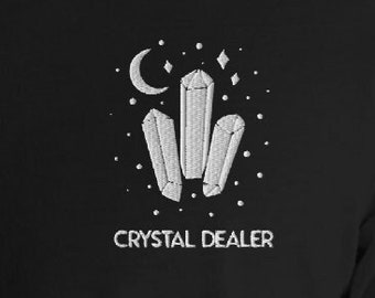Embroidered Crystal Dealer Tee | Quartz Crystals | Moon and Stars | Comfortable T-Shirt