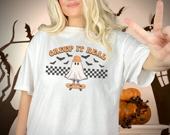 Retro Halloween Comfort Colors shirt, Creep it Real Shirt, Vintage Ghost Skater Halloween Shirt, Witch Shirt, Retro Fall Shirt, Fall Shirt