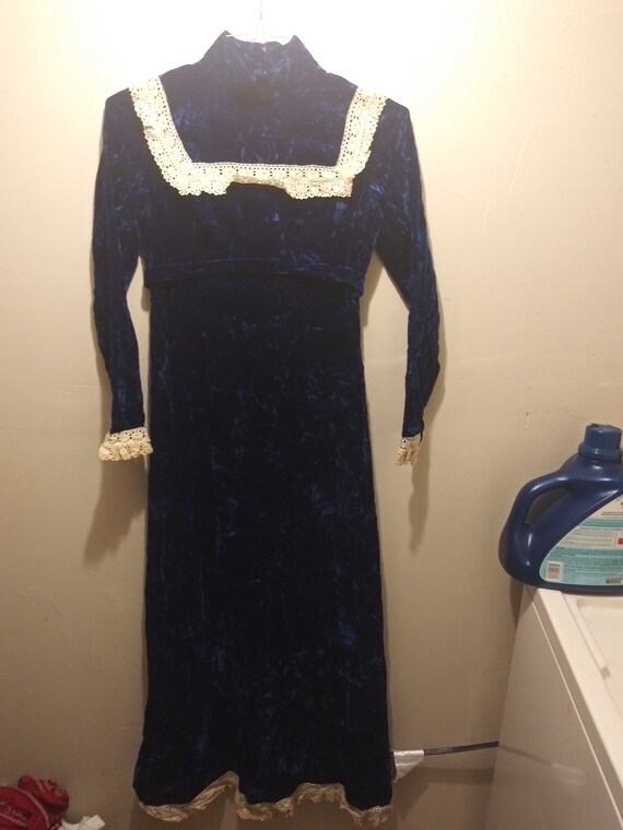 1960's Royal Blue Velvet Maxi Dress , Lace Colla