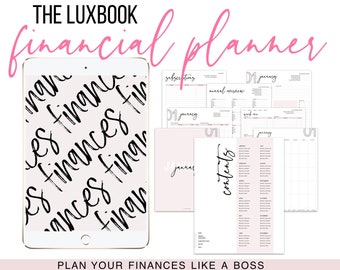 May include: A digital planner for managing finances, with the words "The Luxbook financial planner" in pink lettering at the top of the image. The planner is displayed on a tablet with a white background and black text that says "PLAN YOUR FINANCES LIKE A BOSS".
