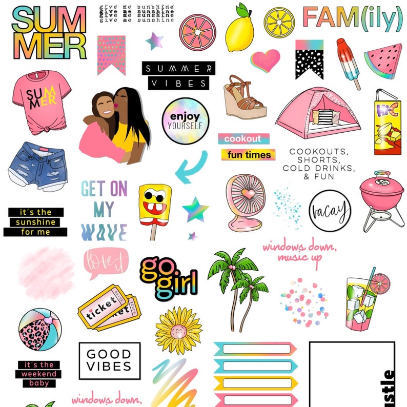 Peut inclure: Illustration estivale color&eacute;e avec une tente rose, un barbecue, une glace, et un ventilateur. Le texte comprend "SUMMER" et "GOOD VIBES". Autres &eacute;l&eacute;ments : tranche de past&egrave;que, citron, et short en jean. Ambiance vacances.