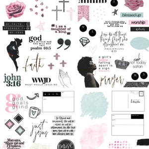 Könnte beinhalten: Eine digitale Collage mit inspirierenden Zitaten und Sätzen, darunter „Gott ist in ihr, sie wird nicht versagen“, „WWJD“, „Nur Jesus“, „Gottes Ziele mahlen“, „Mein Glaube ist stärker als meine Angst“, „Ich bin eine Tochter eines Königs“, „Die Bibel eines Mädchens, die auseinanderfällt, ist ein Zeichen dafür, dass sie nicht betet“, „Gesegnet“, „Anbetung“, „Nein, nicht heute, Satan“, „Briefe an den Himmel“ und „Lobpreis“. Die Collage zeigt eine Vielzahl von Farben, darunter Pink, Blau, Schwarz und Weiß.
