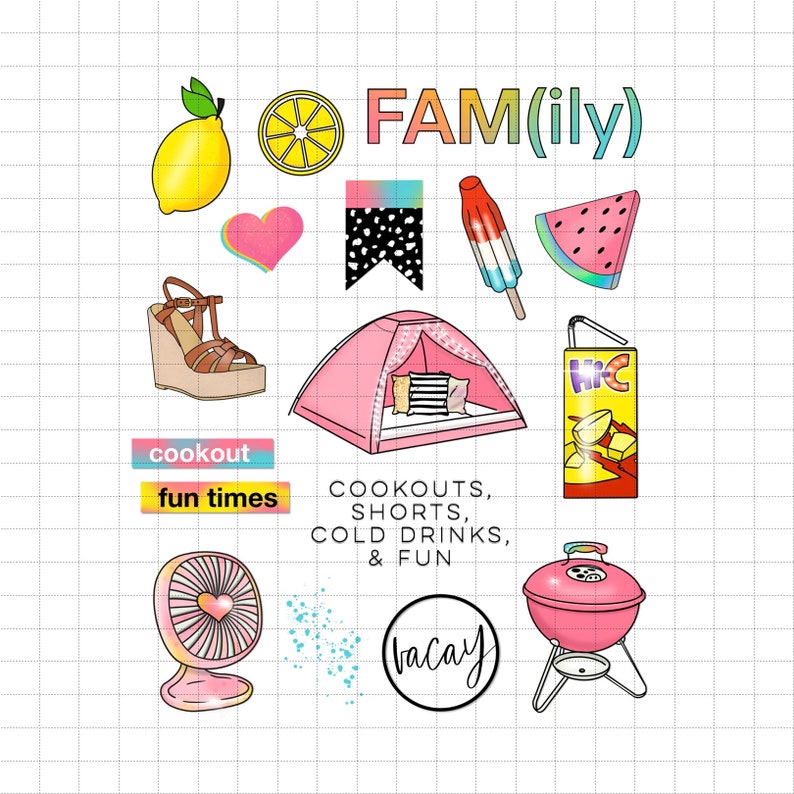 Peut inclure: Une collection d'illustrations color&eacute;es sur le th&egrave;me de l'&eacute;t&eacute;, comprenant un citron, une tranche de past&egrave;que, une glace, une tente rose et un barbecue rose. Le texte comprend "FAM(ily)", "cookout", "fun times" et "vacay".