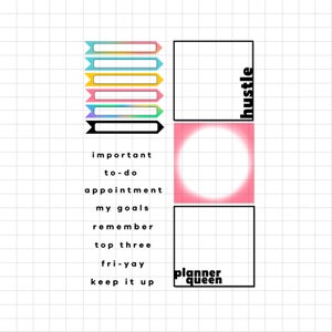 Peut inclure: Mise en page de planificateur avec des &eacute;tiquettes en forme de fl&egrave;che color&eacute;es et des zones de texte. Les &eacute;tiquettes sont de diff&eacute;rentes couleurs, et les zones de texte incluent les mots "hustle" et "planner queen". Le texte suppl&eacute;mentaire comprend "important", "to-do" et "my goals".