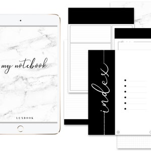 May include: A digital planner template with a marble background and black accents. The cover page says "my notebook" and "LUXBOOK". The template includes pages for an index, lined pages, and a grid page.