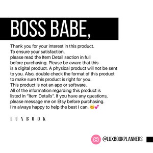 Peut inclure: Fond blanc avec le texte "BOSS BABE," en gras noir. En dessous, du texte suppl&eacute;mentaire fournit des d&eacute;tails sur le produit et des instructions pour les clients. Le nom du vendeur, LUXBOOK, et son identifiant Instagram sont &eacute;galement affich&eacute;s.