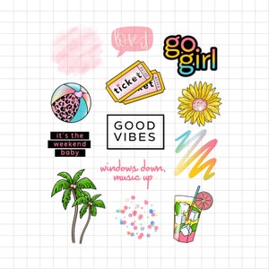 Peut inclure: Ensemble d'autocollants num&eacute;riques color&eacute;s sur le th&egrave;me de l'&eacute;t&eacute; et des vacances. Comprend un ballon de plage, des billets, un tournesol, des palmiers, un cocktail et du texte qui dit "Good Vibes", "go girl" et "it's the weekend baby".