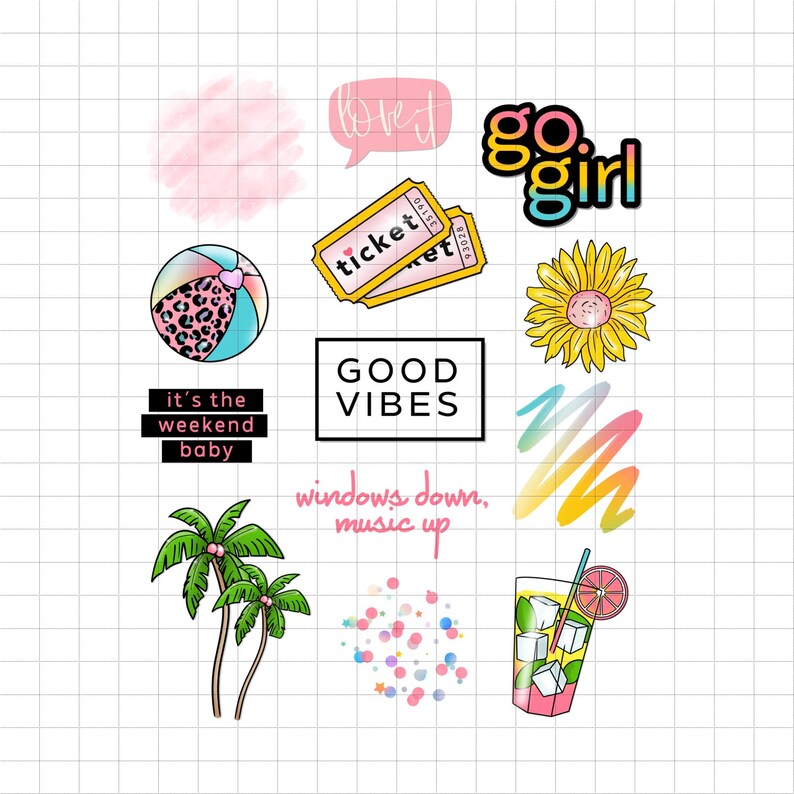 Peut inclure: Ensemble d'autocollants num&eacute;riques color&eacute;s sur le th&egrave;me de l'&eacute;t&eacute; et des vacances. Comprend un ballon de plage, des billets, un tournesol, des palmiers, un cocktail et du texte qui dit "Good Vibes", "go girl" et "it's the weekend baby".
