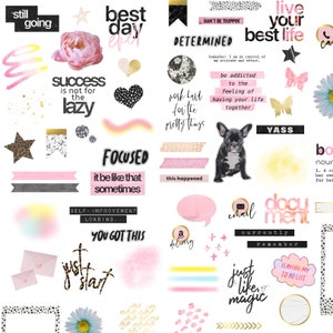 May include: A collection of colorful digital stickers with motivational quotes and phrases, including "best day ever", "live your best life", "success is not for the lazy", "focused", "you got this", "just like magic", and "slaying my to do list".