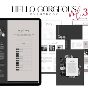 May include: A digital planner with a black and white design. The planner includes sections for "My Planner", "Mission", "Focus for the Year", "Affirmation of My Why", "Annual Goals", "Habit Tracker", "January Moments", "The Contents", "About Me", "The Plan", and "Work On It". The planner also includes a calendar for January.