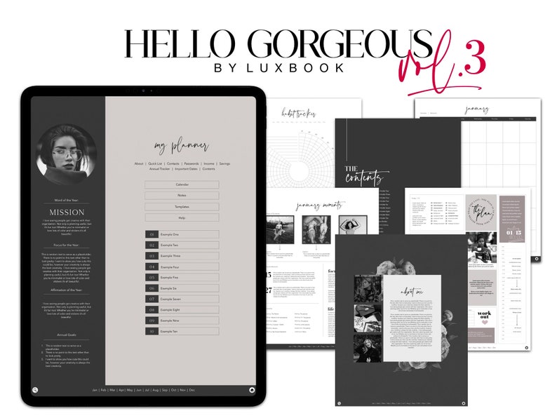 Hello Gorgeous Vol. 3 Digital Planner, Luxbook planner, aesthetic planner, minimalist planner, goodnotes planner, girly planner, undated zdjęcie 1