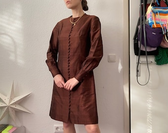 True vintage silk brown midi dress retro 90s chic blazer coat style 80s size S-M vtg