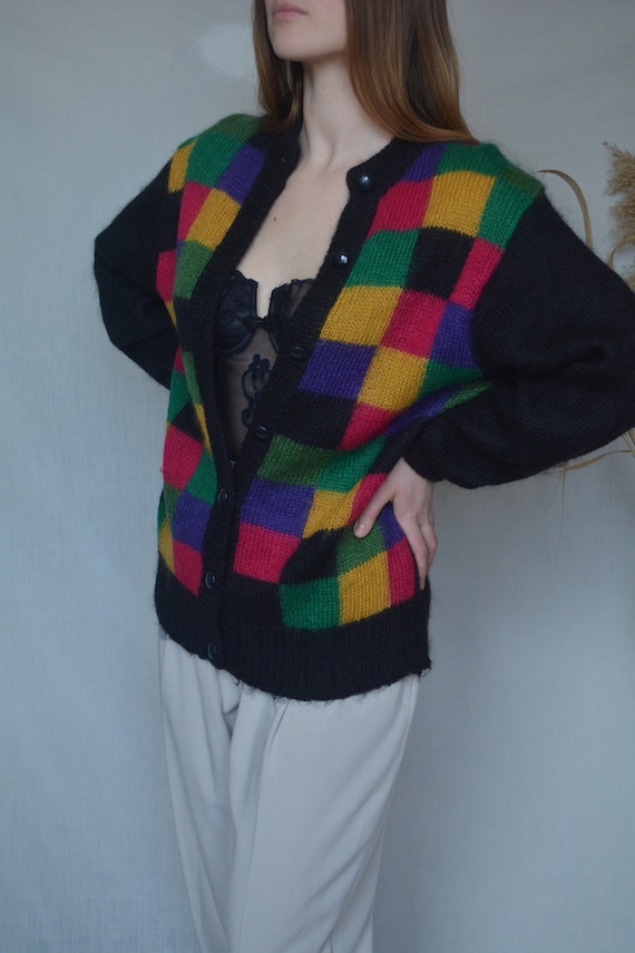 Vintage Colorblock Plaid Slip Dress Cardigan Two Piece