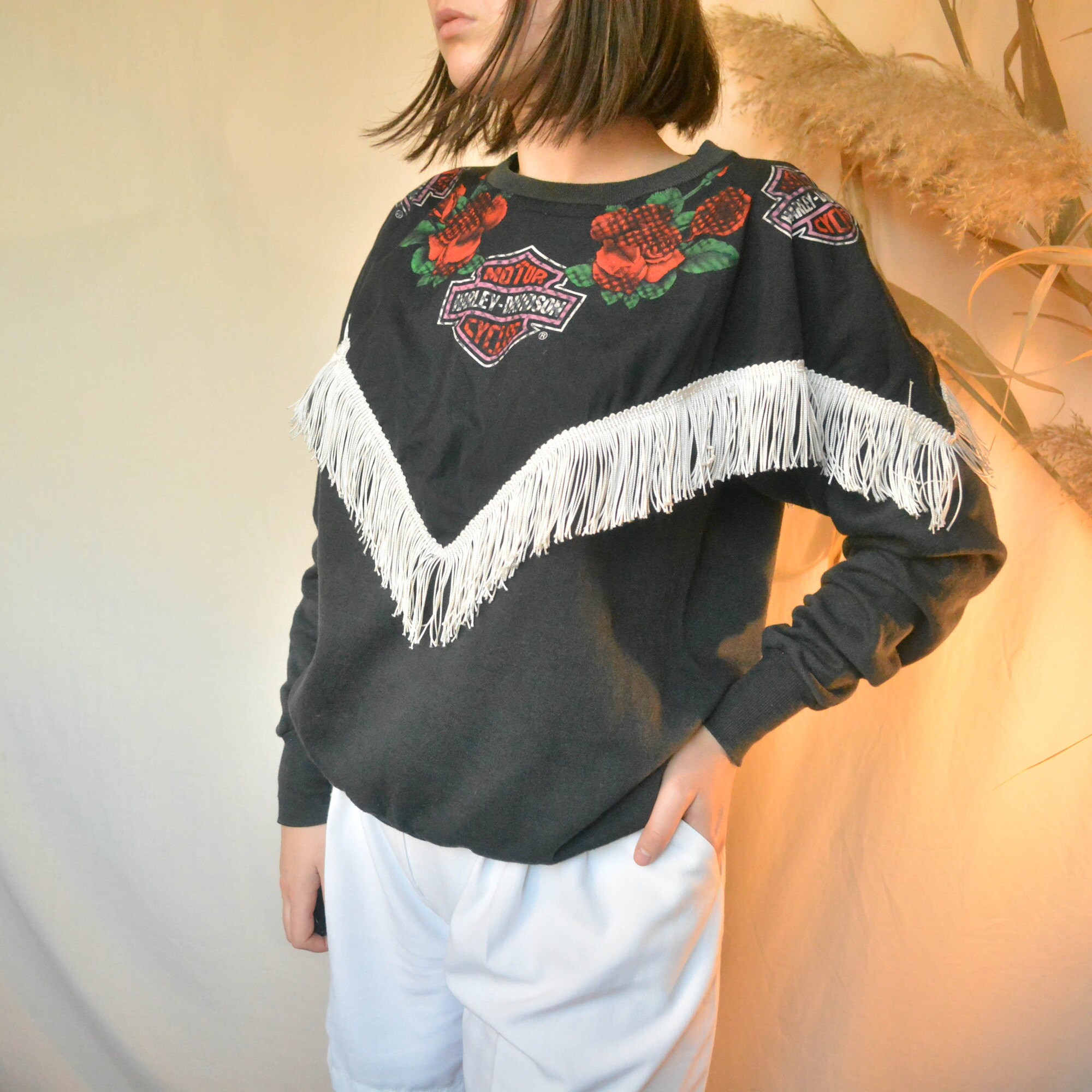 Vintage Harley Davidson Rose Fringe Black Sweatshirt Retro 90s - Etsy