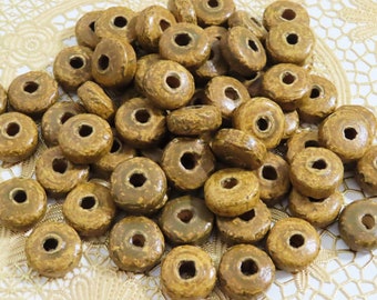 15 Vintage rare African  donut beads with large hole, Brown and mustard color available