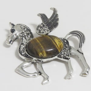 Silver Tiger eye Pegasus pendant, Silver gemstone horse pendant
