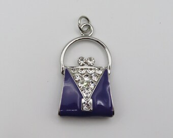 Crystal rhinestone purple enamel handbag silver pendant