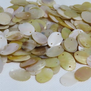 May include: A pile of oval-shaped, natural shell beads with two holes in each bead. The beads are a mix of white, cream, and light yellow colours.
