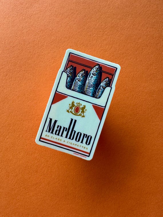 Retro Sardine Cigarette Pack Sticker, Vintage Fish Illustration