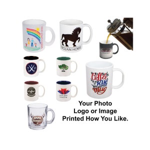 Custom Coffee Mugs Personalize with any Text or Image. Choose from Glass, Ceramic or Plastic. Great for Tea, Gift, Office Decor