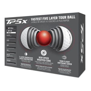 以下が含まれることがあります： Titleist TP5x ゴルフボールの断面図で、5 つの構成層が示されています。各層には、「5 層プログレッシブスピードコンストラクション」、「ニュースピードラップドコア」、「ツアーフライトウレタンカバー」というラベルが付けられています。