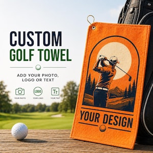 May include: Orange custom golf towel with a golf scene illustration and the text "YOUR DESIGN". The towel also features the text "CUSTOM GOLF TOWEL" and options to add a photo, logo, or text. A golf ball is visible.