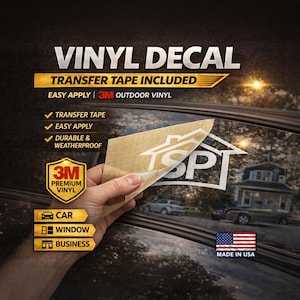 May include: A vinyl decal with the text "VINYL DECAL" and "TRANSFER TAPE INCLUDED". The decal is shown being applied to a car window. Features include "EASY APPLY", "DURABLE & WEATHERPROOF", and "3M PREMIUM VINYL". Made in the USA.
