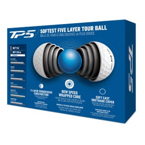 以下が含まれることがあります： タイトリスト TP5 ゴルフボールの箱。箱には、ゴルフボールの断面図が描かれており、5層の構造が示されています。箱のテキストには、「Softest Five Layer Tour Ball」と「New Speed Wrapped Core」と記載されています。
